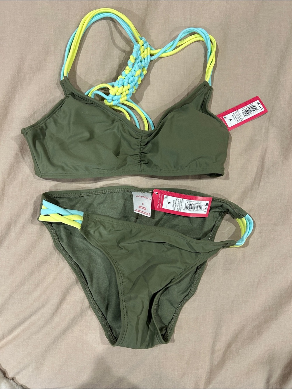 Xhilaration Olive Green Bikini Set with Neon Pink Tag Accent